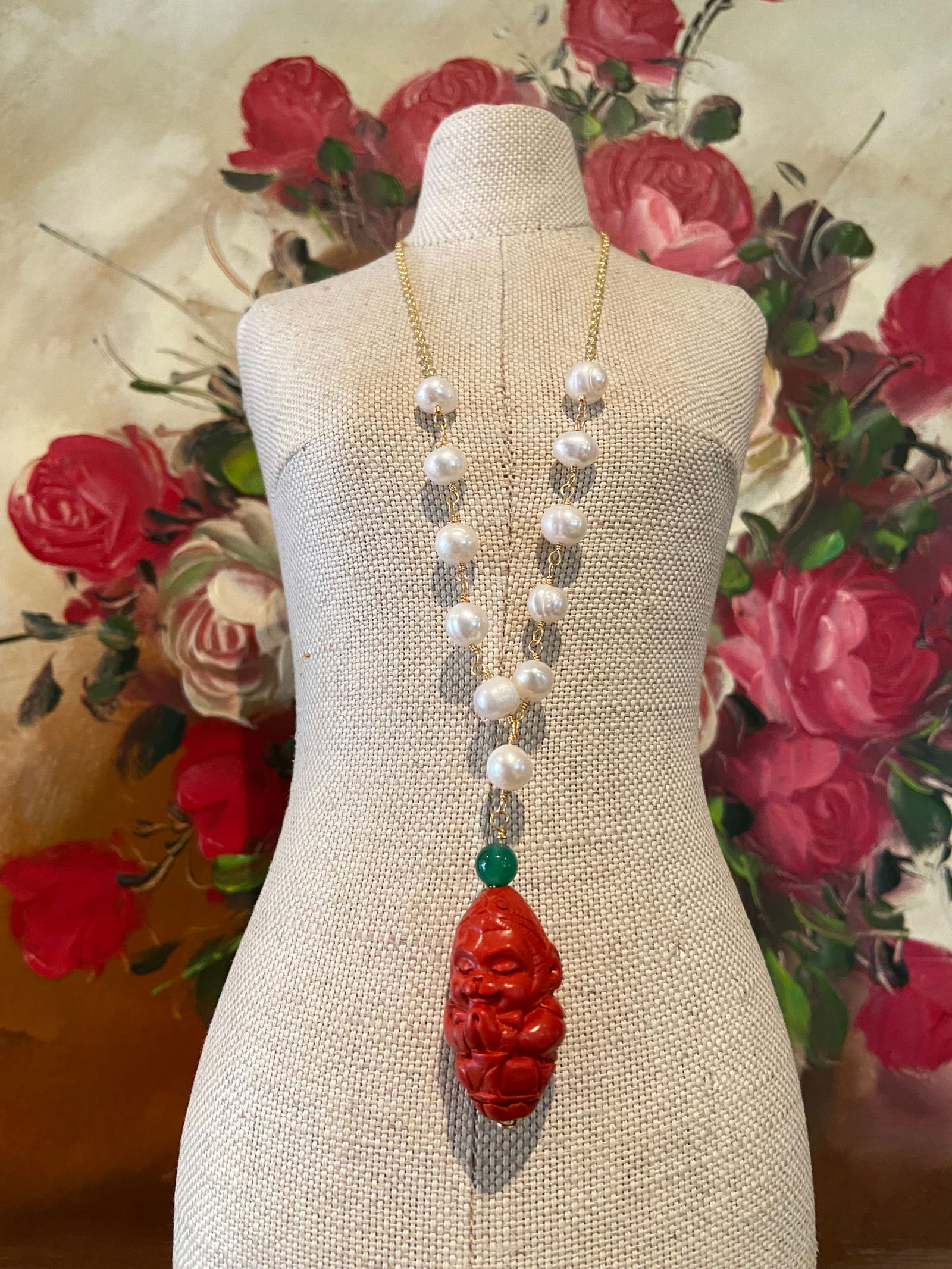 14k rolled gold Fresh Water Pearl nacklace with Cinnabar carved Monkey King Buddha Amulet - 2