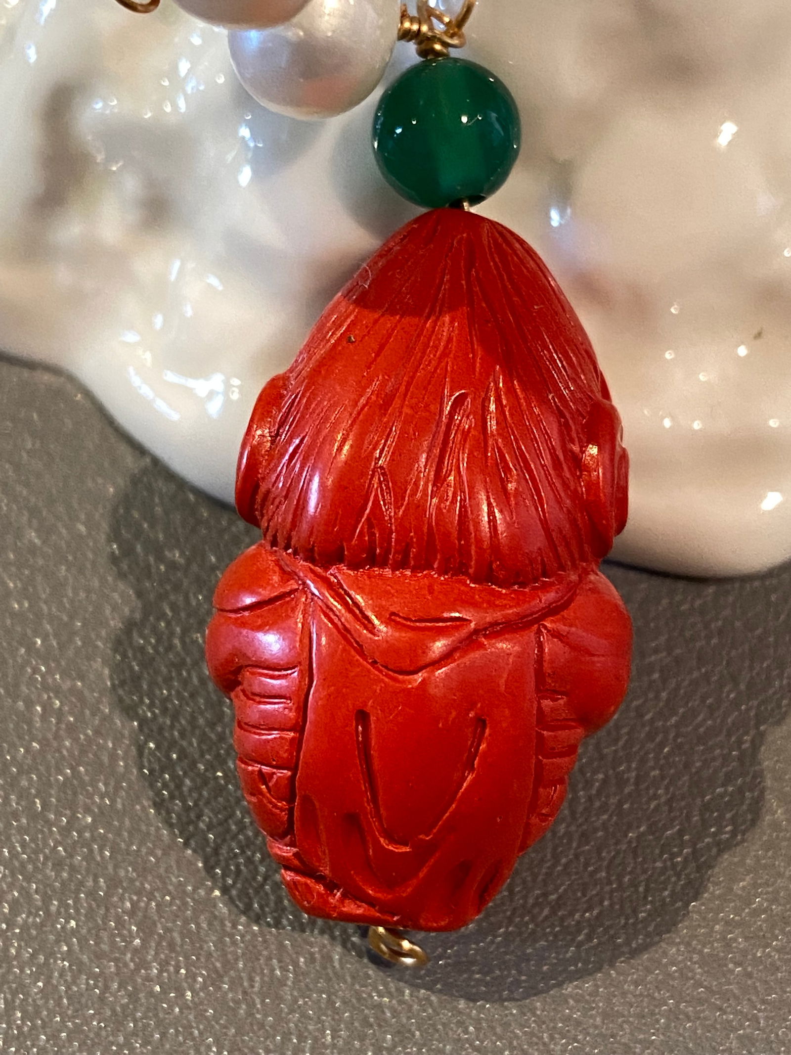 14k rolled gold Fresh Water Pearl nacklace with Cinnabar carved Monkey King Buddha Amulet - 7