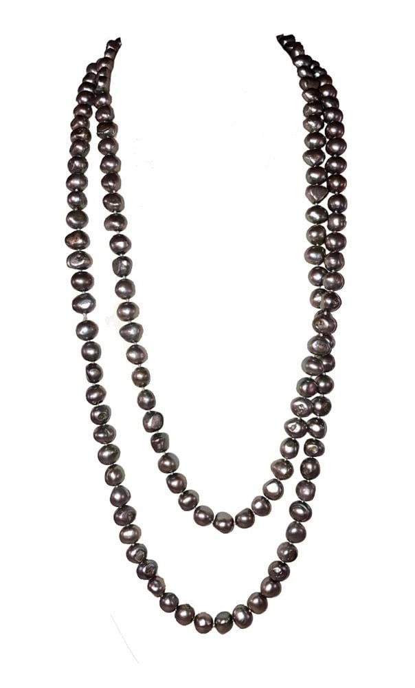Baroque Freshwater Grey Cultured Pearl Bead Flapper Necklace: Title:Baroque Freshwater Grey Cultured Pearl Bead Flapper NecklaceDescription:Baroque Freshwater Grey Cultured Pearl Bead Flapper Necklace Beads are 10 mm's diameter. Necklace measures 56" long and