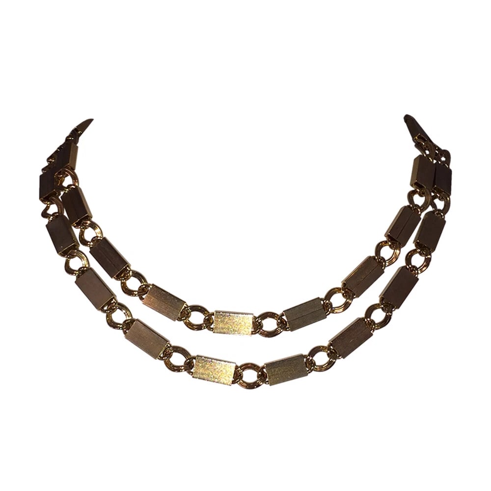 Vintage Signed Pierre Cardin Runway Chain Link Necklace: Title:Vintage Signed Pierre Cardin Runway Chain Link NecklaceDescription:1970s Pierre Cardin runway bar and link chain necklace. Newly re-plated in 18K gold over costume metal. Necklace is 37" long