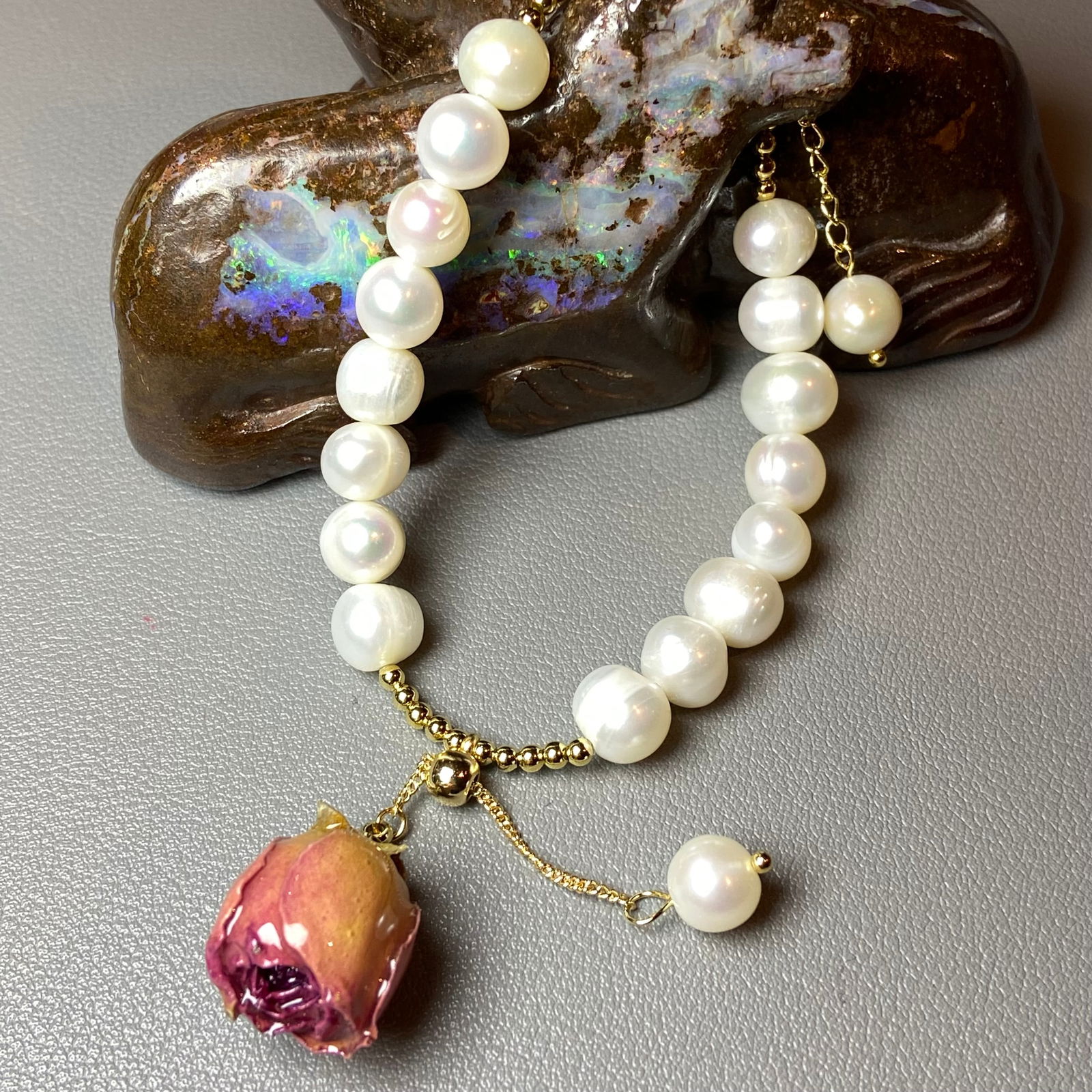 10mm Fresh Water Pearl Bracelet with Everlasting Natural Rose Charm - 3