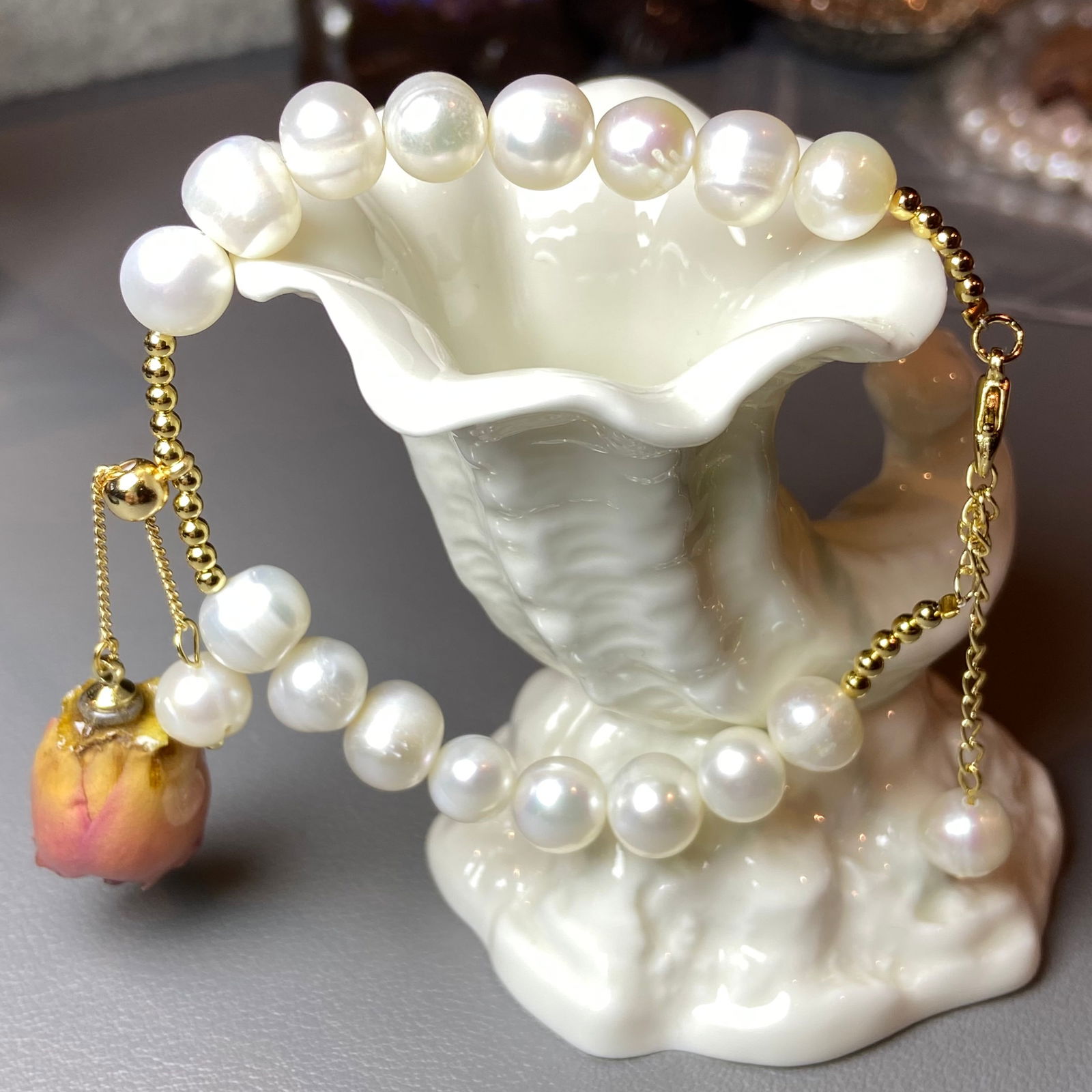 10mm Fresh Water Pearl Bracelet with Everlasting Natural Rose Charm - 5