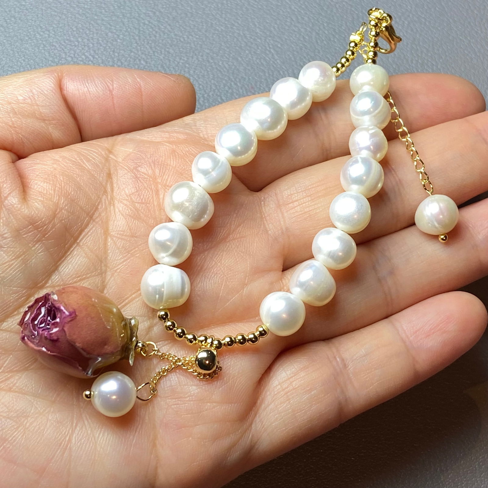 10mm Fresh Water Pearl Bracelet with Everlasting Natural Rose Charm - 6