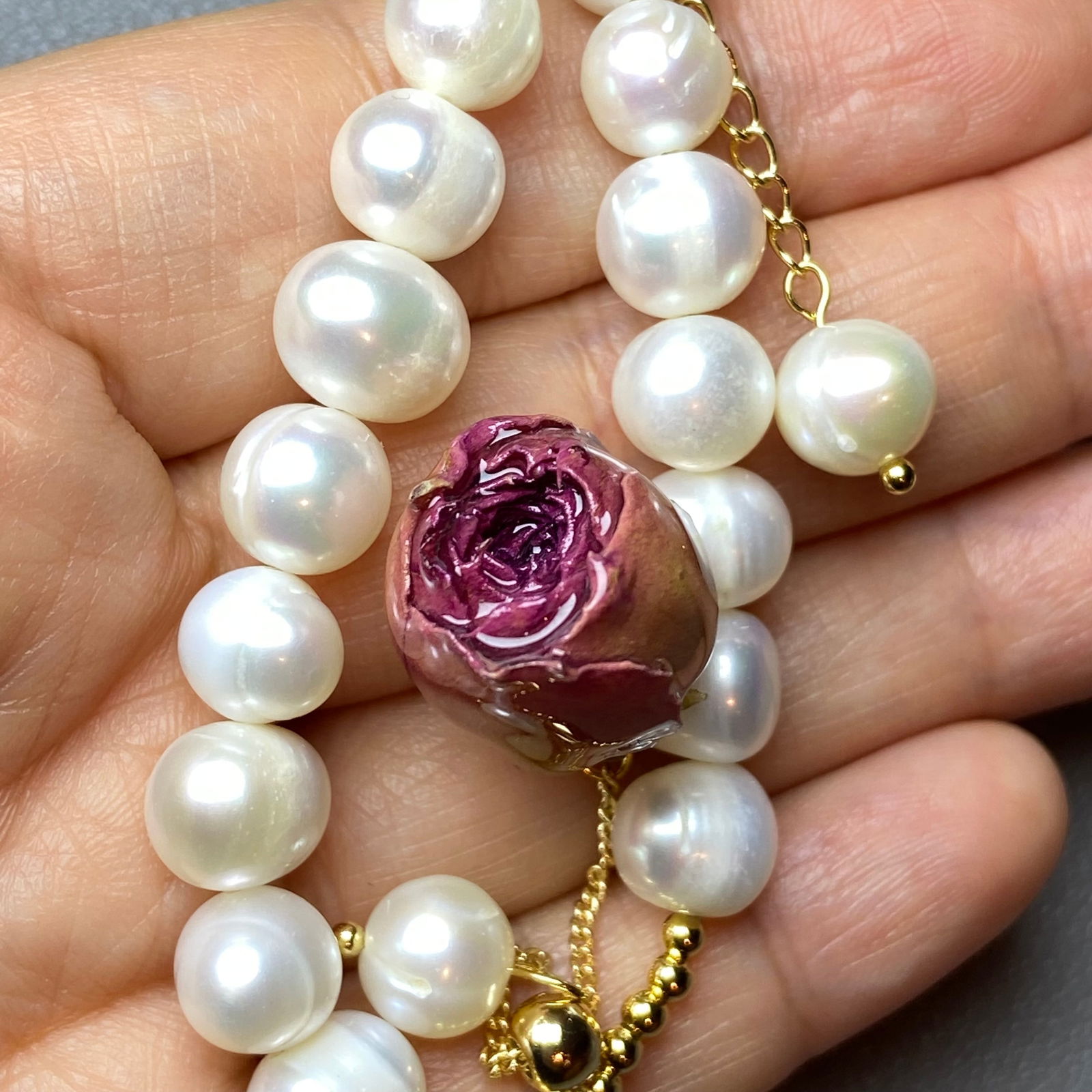 10mm Fresh Water Pearl Bracelet with Everlasting Natural Rose Charm - 7