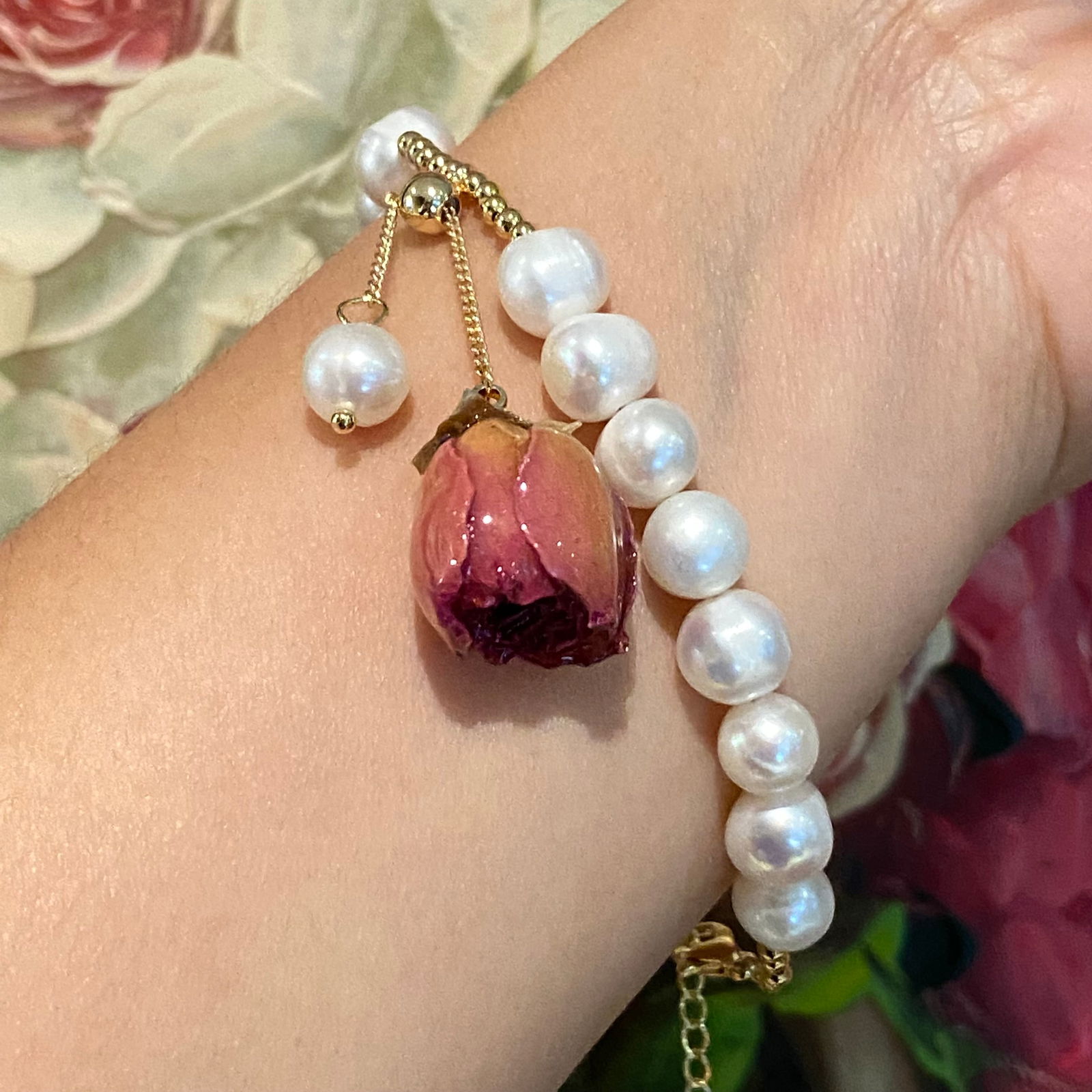 10mm Fresh Water Pearl Bracelet with Everlasting Natural Rose Charm - 9
