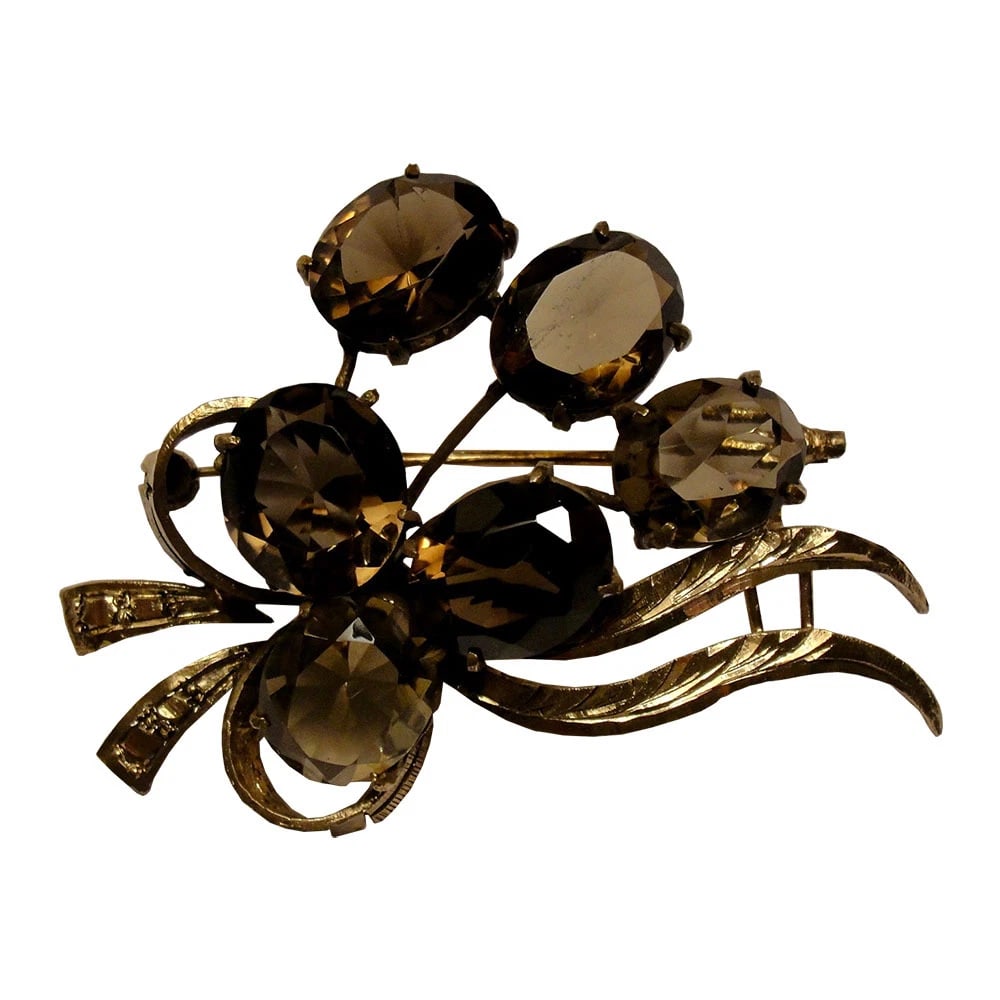 Chinese 18 kt GV Sterling Faceted Smoky Quartz Bush Pin: Title:Chinese 18 kt GV Sterling Faceted Smoky Quartz Bush PinDescription:Statement Chinese 18 kt gold vermeil over sterling silver with faceted smoky topaz bush pin. Circa 1940's. Faceted smoky topaz