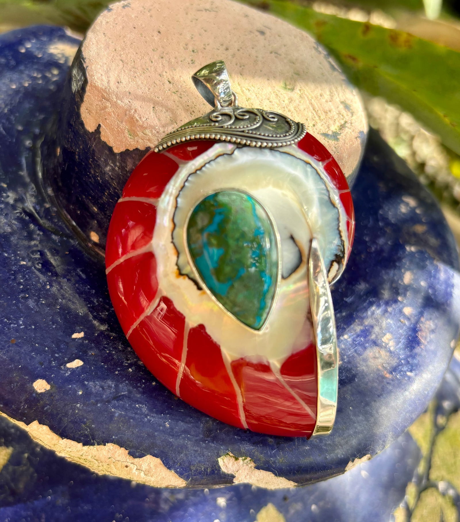 Red Nautilus Pendant with Turquoise - 2