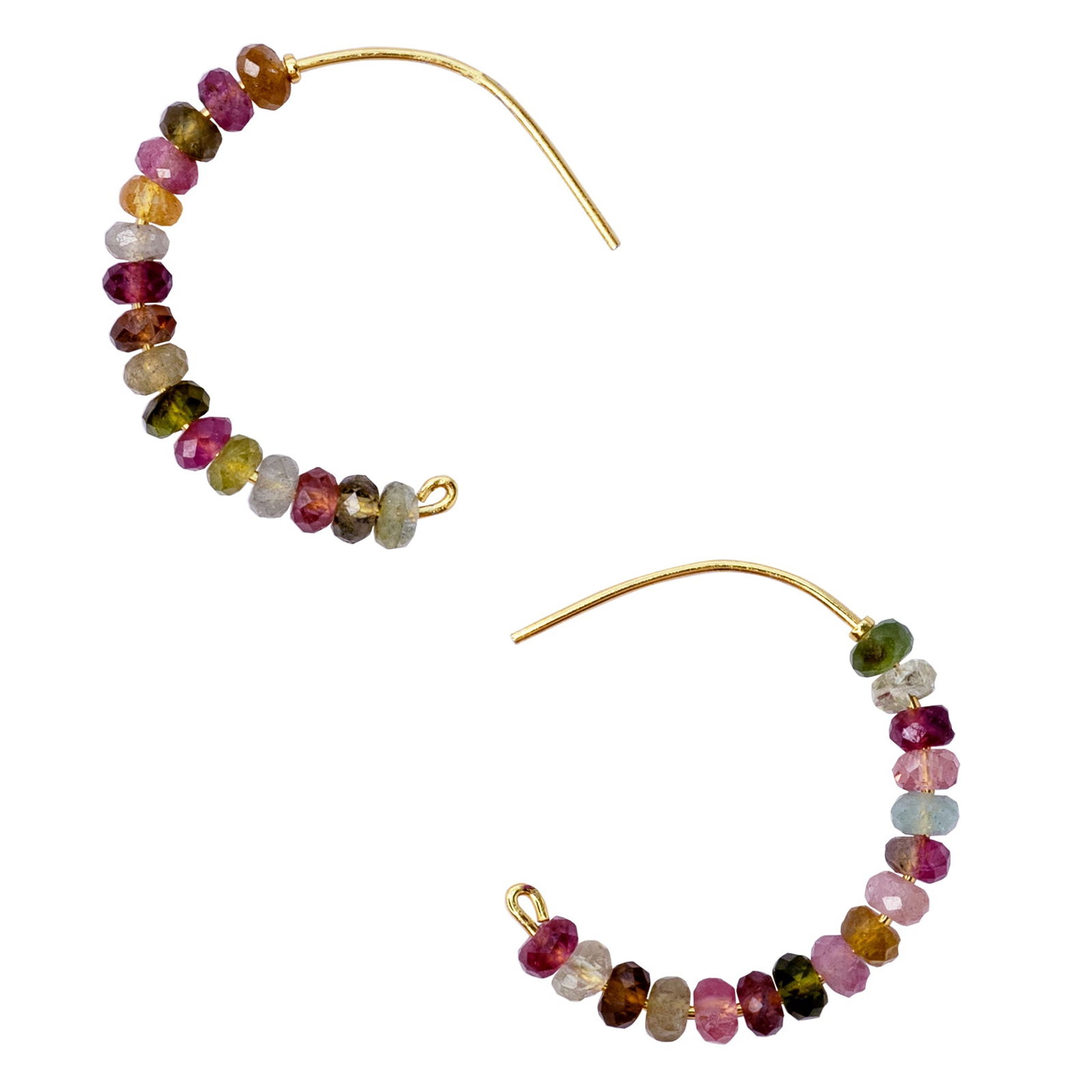 Rainbow Tourmaline Half Moon Earring Large 14K Gold Hoop: Title:Rainbow Tourmaline Half Moon Earring Large 14K Gold HoopDescription:Slip these rainbow tourmaline hoops on and feel instantly radiant—like a beam of joy framing your face. Every stone