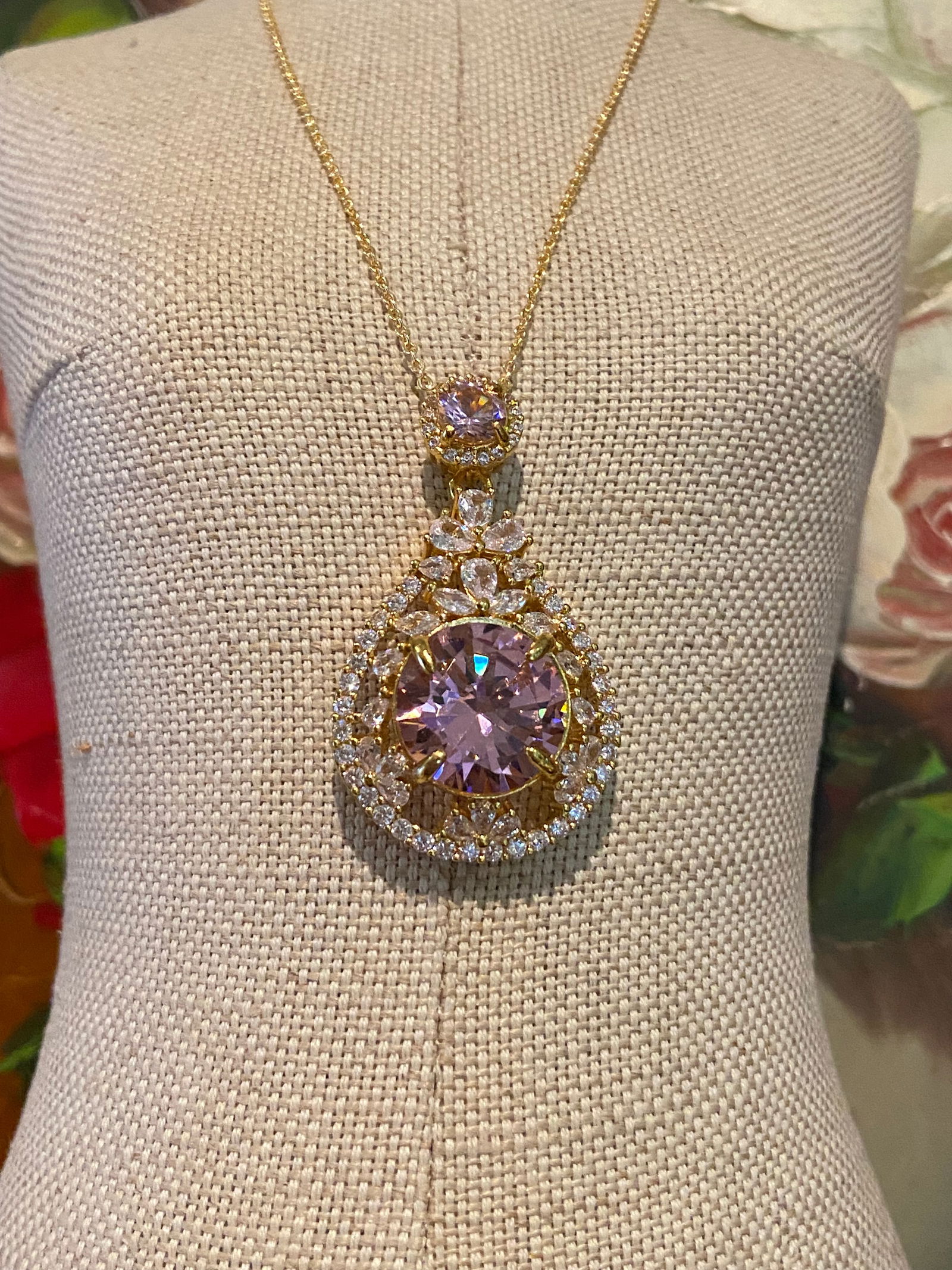 18k Gold Vermeil 925 Silver Pendant Necklace inlaid with Pink and White Topaz Stone - 2