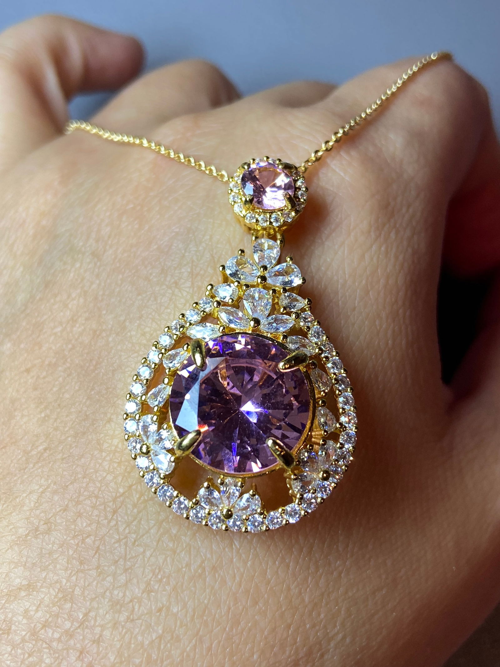 18k Gold Vermeil 925 Silver Pendant Necklace inlaid with Pink and White Topaz Stone - 7