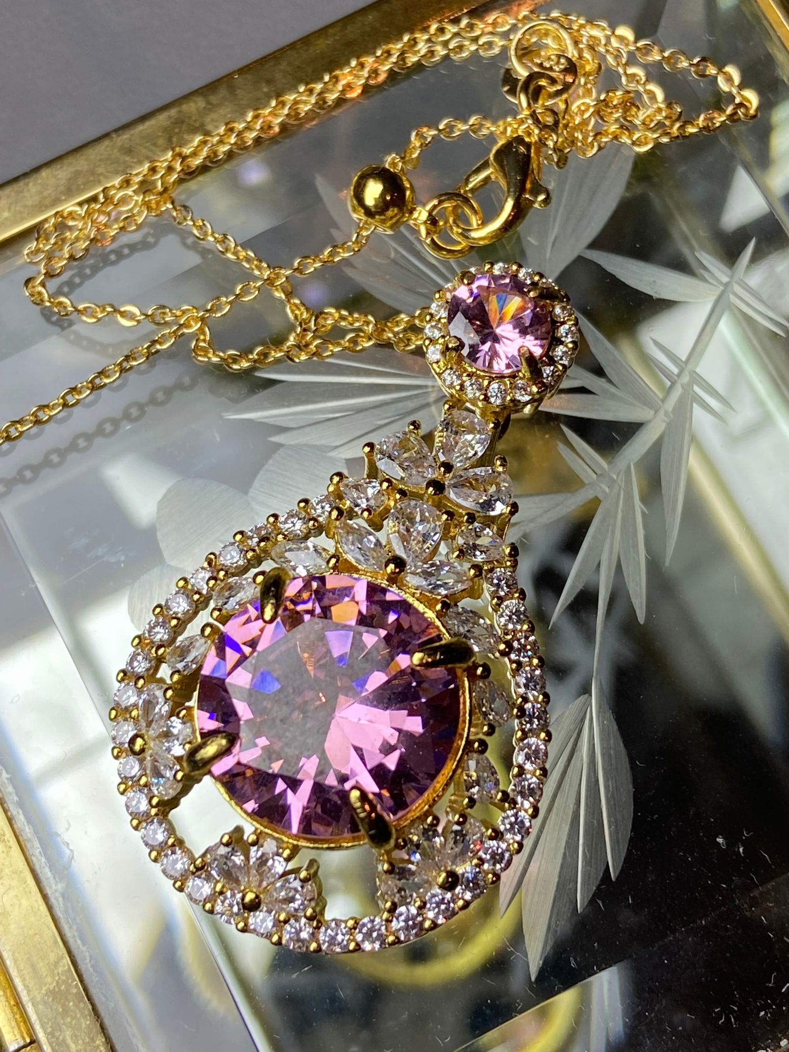 18k Gold Vermeil 925 Silver Pendant Necklace inlaid with Pink and White Topaz Stone - 8