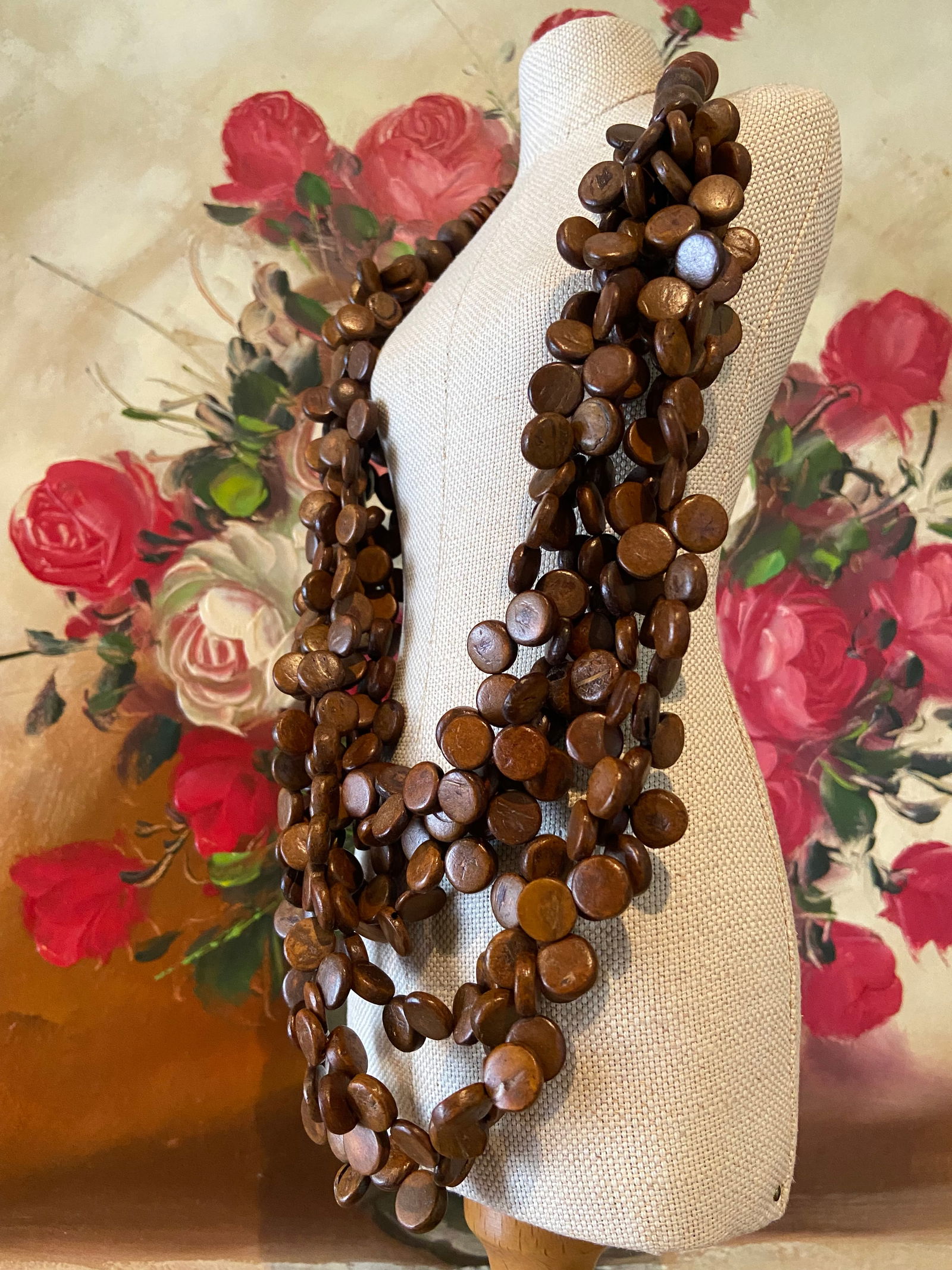 Vintage 6 strands Desert Ironwood Bunch Disc Bead Statement Necklace - 3