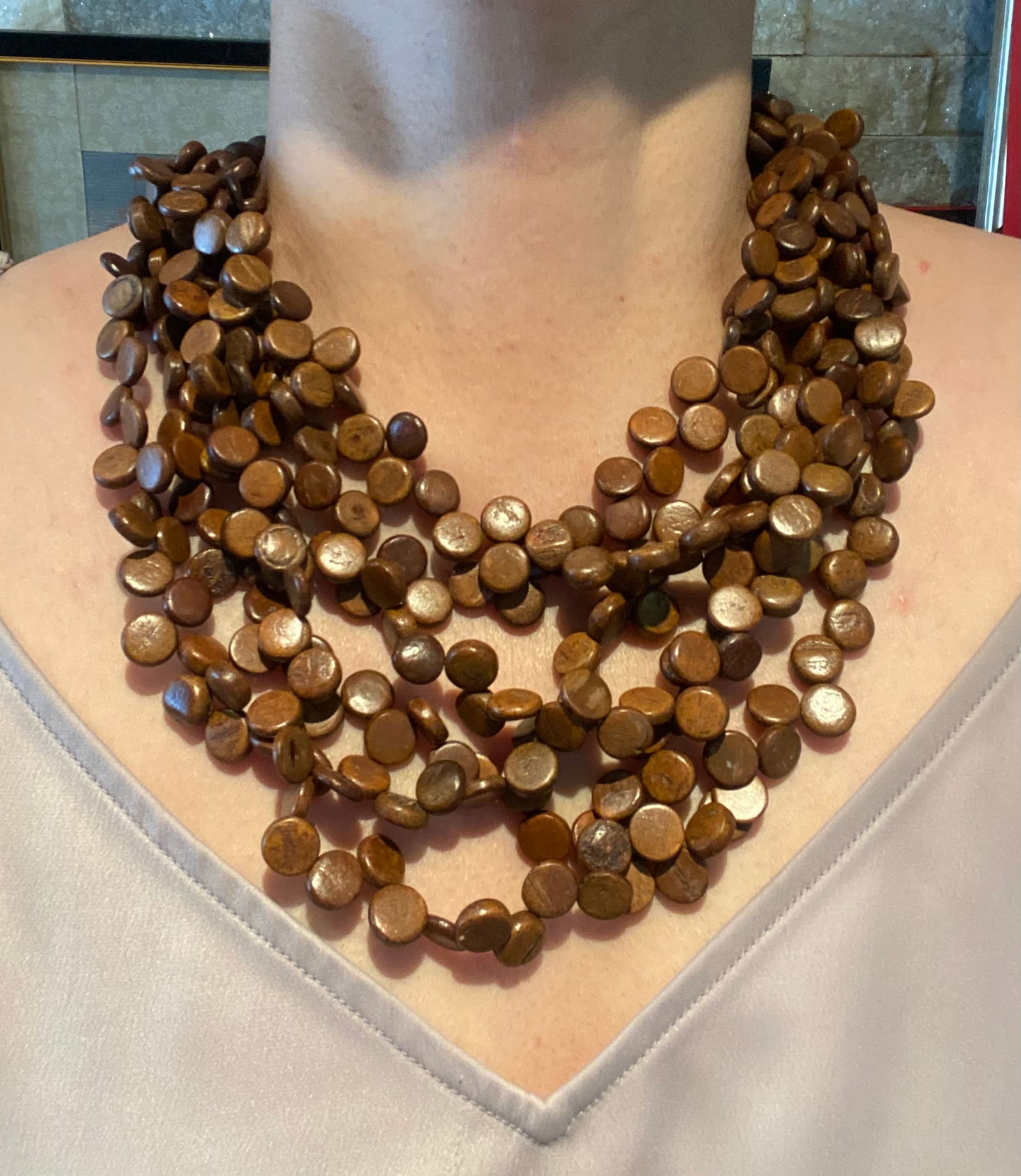 Vintage 6 strands Desert Ironwood Bunch Disc Bead Statement Necklace - 8