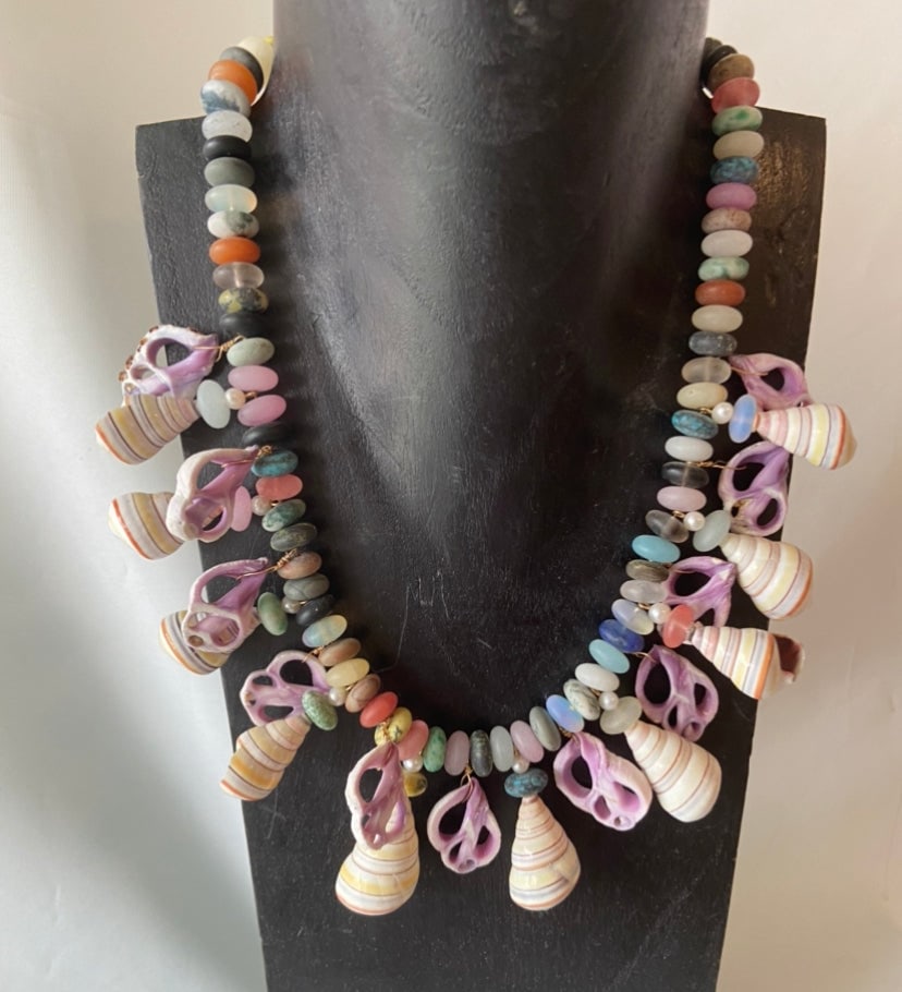 Summer Agate, Shell Necklace: Title:Summer Agate, Shell NecklaceDescription:Fun summer necklace with colorful shades of Agate and semi-precious stone beads, cut and African Tree Snail shells. 15" Reserve: $500.00 