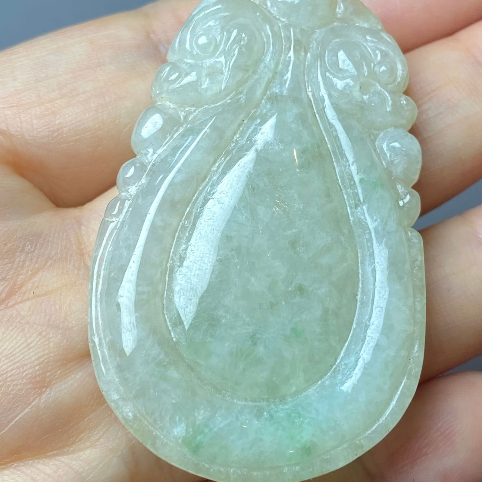 Antique Chinese Large Apple Green Jadeite Jade caved Water drop-shaped Ruyi Amulet - 8