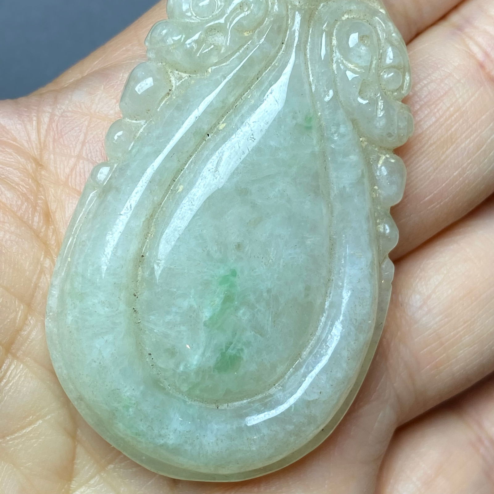 Antique Chinese Large Apple Green Jadeite Jade caved Water drop-shaped Ruyi Amulet - 9
