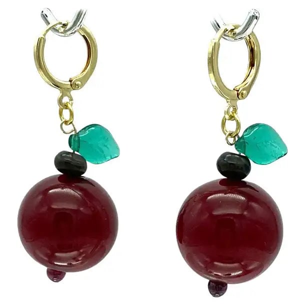 Cherry Bakelite and Gold Filled Earrings: We created this fun set of dangle earrings with 19mm large cherry color bakelite balls and molded green glass leaves. They are linked with gold filled 14mm round lever back ear wires. Dimensions: 1.88