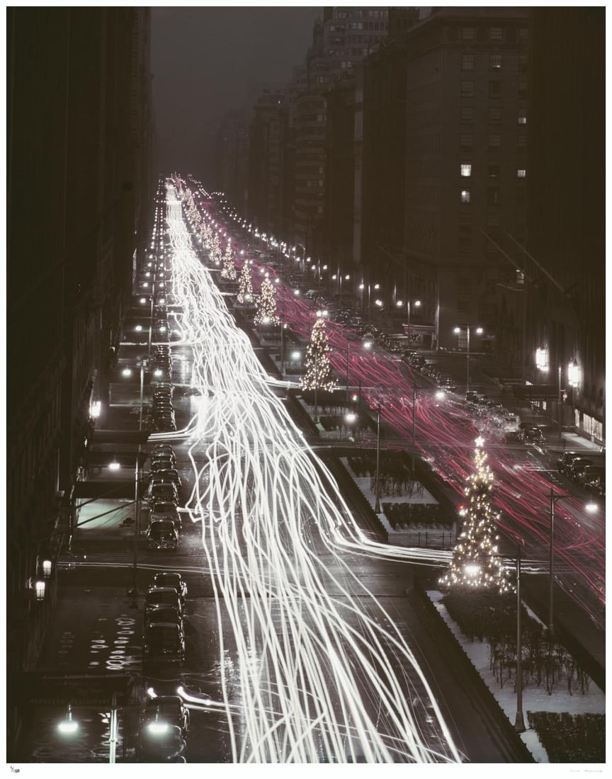 Christmas Traffic 1953 - Slim Aarons Estate Stamped: 1953 (printed later): Title: Christmas Traffic 1953 - Slim Aarons Estate Stamped: 1953 (printed later) Description: Christmas Traffic 1953 - Slim Aarons Estate Stamped Christmas trees and red and white automobile light tra