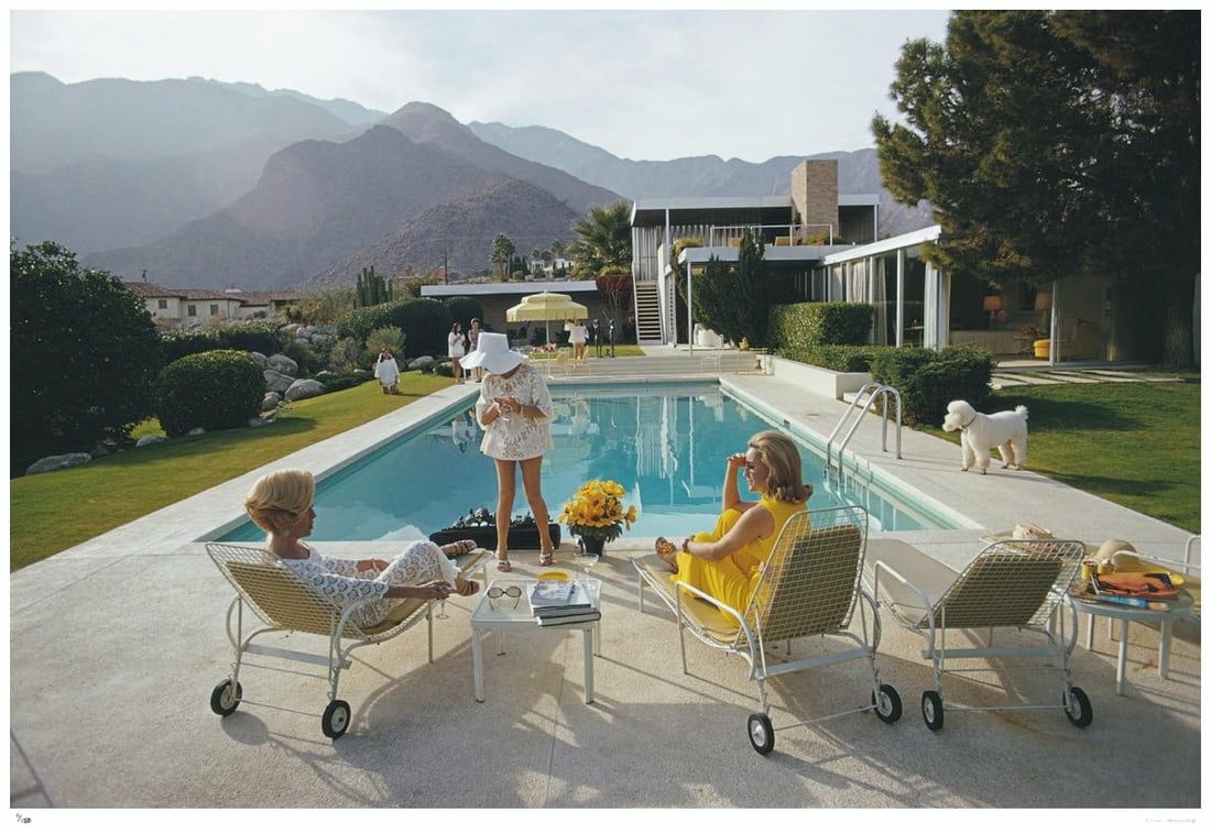 Poolside Poodle 1970 - Slim Aarons Estate Stamped: 1970 (printed later): Title: Poolside Poodle 1970 - Slim Aarons Estate Stamped: 1970 (printed later) Description: Poolside Poodle 1970 - Slim Aarons Estate Stamped Former fashion model Helen Dzo Dzo Kaptur (in white