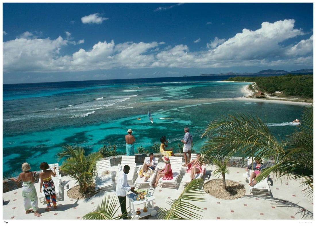 Tropical Mustique 1989 - Slim Aarons Estate Stamped: 1977 (printed later): Title: Tropical Mustique 1989 - Slim Aarons Estate Stamped: 1977 (printed later) Description: Tropical Mustique 1989 - Slim Aarons Estate Stamped Pierre Vincent Marais holidays with friends on the isl