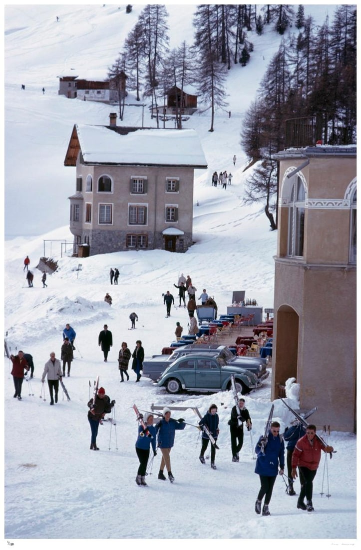 Skiers In St. Moritz 1963 - Slim Aarons Estate Stamped: 1963 (printed later): Title: Skiers In St. Moritz 1963 - Slim Aarons Estate Stamped: 1963 (printed later) Description: Skiers In St. Moritz 1963 - Slim Aarons Estate Stamped Skiers in St Moritz, Switzerland, March 1963. 30