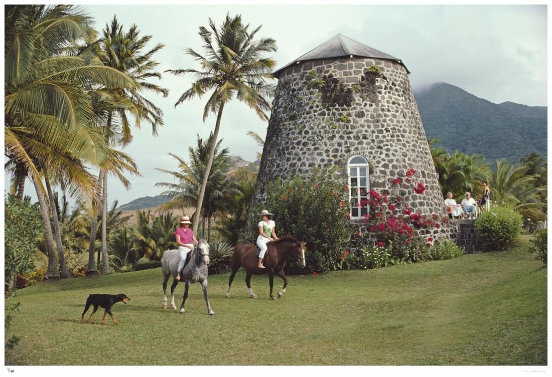 Saint Kitts and Nevis 1984 - Slim Aarons Estate Stamped: 1984 (printed later): Title: Saint Kitts and Nevis 1984 - Slim Aarons Estate Stamped: 1984 (printed later) Description: Saint Kitts and Nevis 1984 - Slim Aarons Estate Stamped Horseback riding at the Rawlins Plantation inn