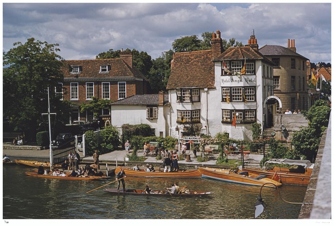 Henley Regatta 1955 - Slim Aarons Estate Stamped: 1955 (printed later): Title: Henley Regatta 1955 - Slim Aarons Estate Stamped: 1955 (printed later) Description: Henley Regatta 1955 - Slim Aarons Estate Stamped Free mooring at the Angel Hotel at Henley-on-Thames on the