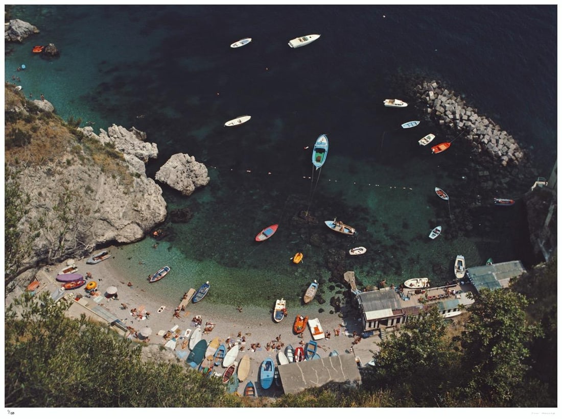 Conca dei Marini 1984 - Slim Aarons Estate Stamped: 1984 (printed later): Title: Conca dei Marini 1984 - Slim Aarons Estate Stamped: 1984 (printed later) Description: Conca dei Marini 1984 - Slim Aarons Estate Stamped A busy bay in Conca dei Marini, on the Amalfi coast in