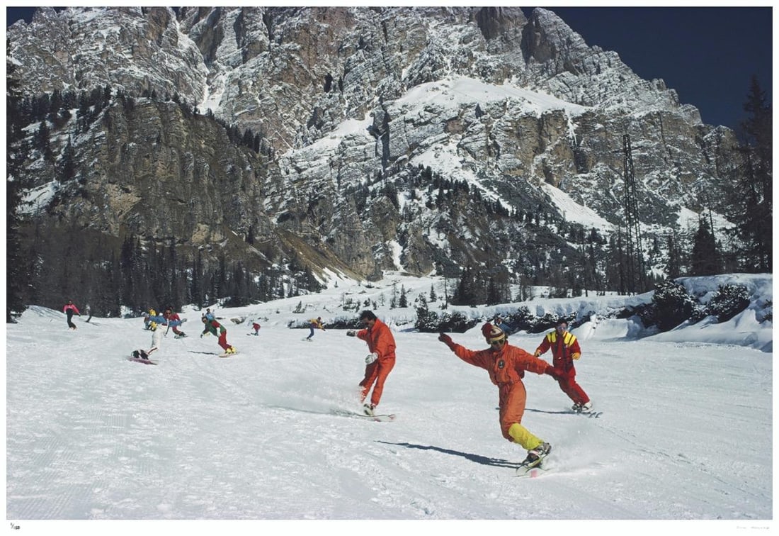 Cortina d’Ampezzo 1988 - Slim Aarons Estate Stamped: 1988 (printed later): Title: Cortina d’Ampezzo 1988 - Slim Aarons Estate Stamped: 1988 (printed later) Description: Cortina d’Ampezzo 1988 - Slim Aarons Estate Stamped Snowboarding in Cortina d’Ampezzo, M
