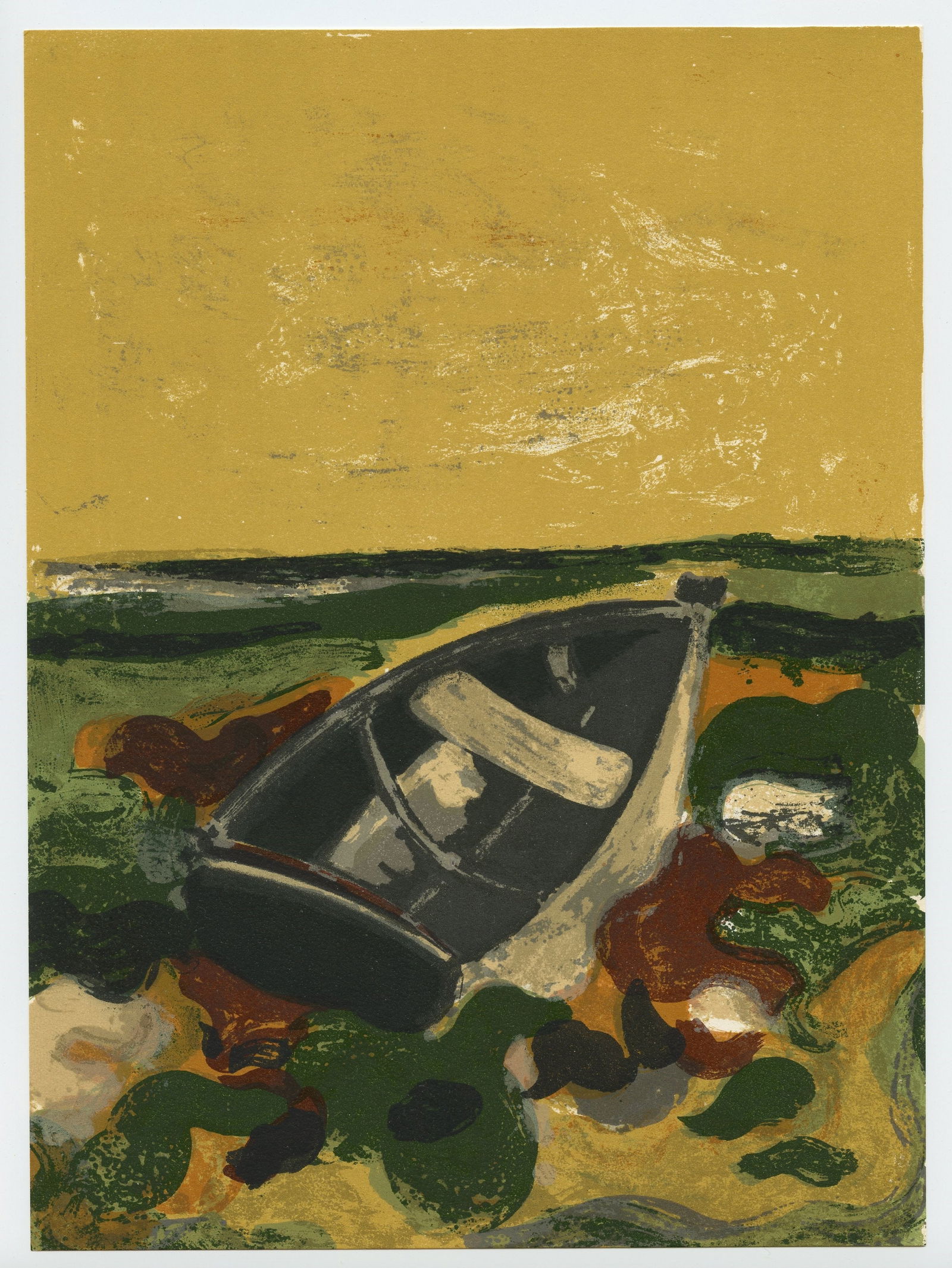 Andre Minaux original lithograph "La barque echouee": Title: Andre Minaux original lithograph "La barque echouee" Description: Medium: original lithograph. Printed in Paris in 1964 by Mourlot Frères and published in an edition of 2000 on Arches wove