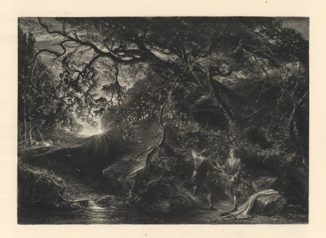 Samuel Palmer "The Brothers under the Vine" Shorter Poems of John Milton: Title: Samuel Palmer "The Brothers under the Vine" Shorter Poems of John Milton Description: Medium: photogravure (after the watercolor). Samuel Palmer had always admired the work of John Milton, and