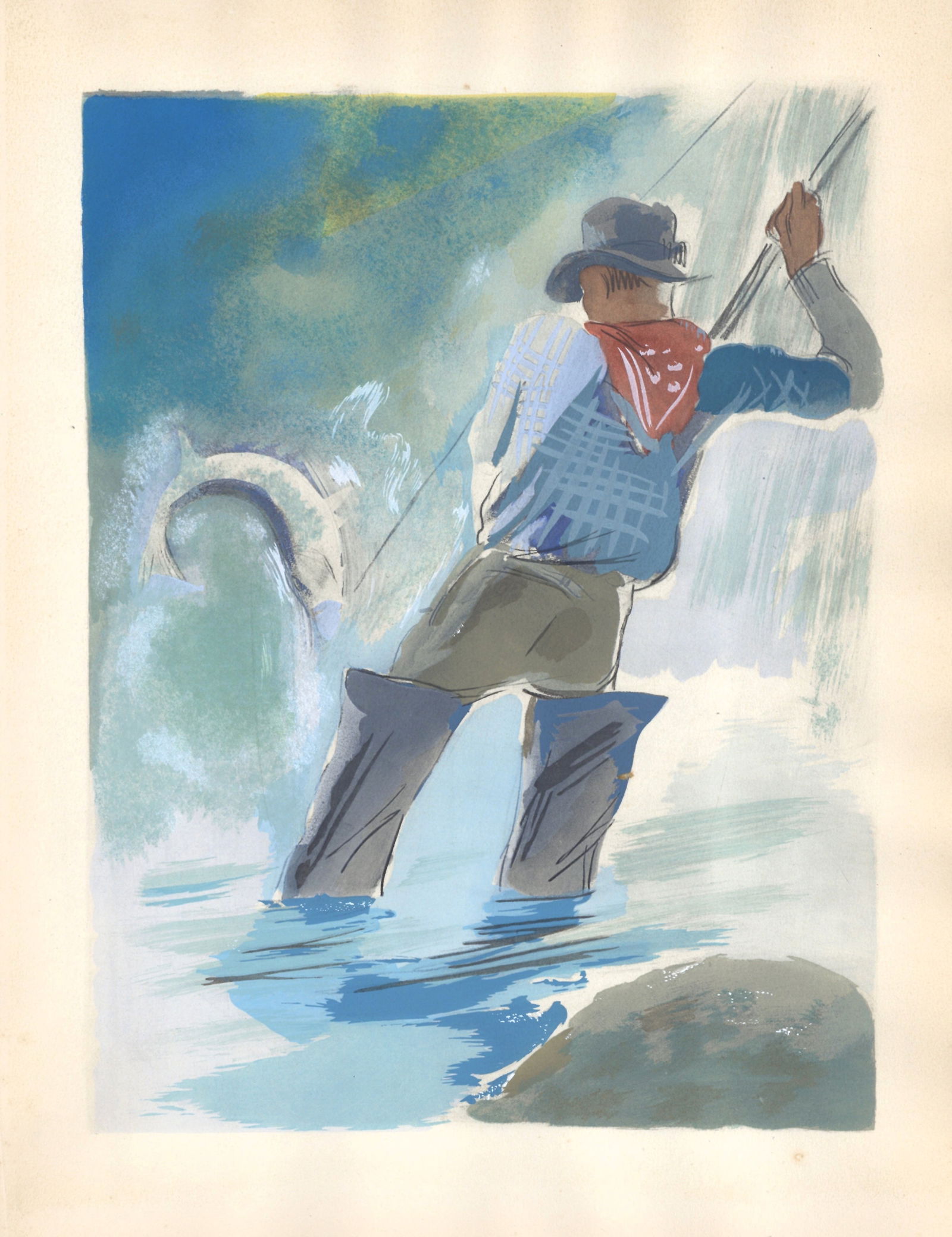 Milivoj Uzelac pochoir "La Peche Sportive" Les Joies du Sport: Title: Milivoj Uzelac pochoir "La Peche Sportive" Les Joies du Sport Description: Medium: pochoir. Printed in Paris in 1932 on Velin du Marais paper at the atelier of Daniel Jacomet for the Les Joies