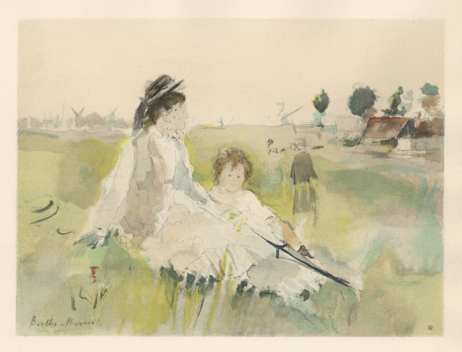 Berthe Morisot pochoir "Jeune femme et enfant": Title: Berthe Morisot pochoir "Jeune femme et enfant" Description: Medium: pochoir (after the 1875 watercolor). Printed 1946 in a limited edition of 300 for the rare "Berthe Morisot Seize Aquarelles"