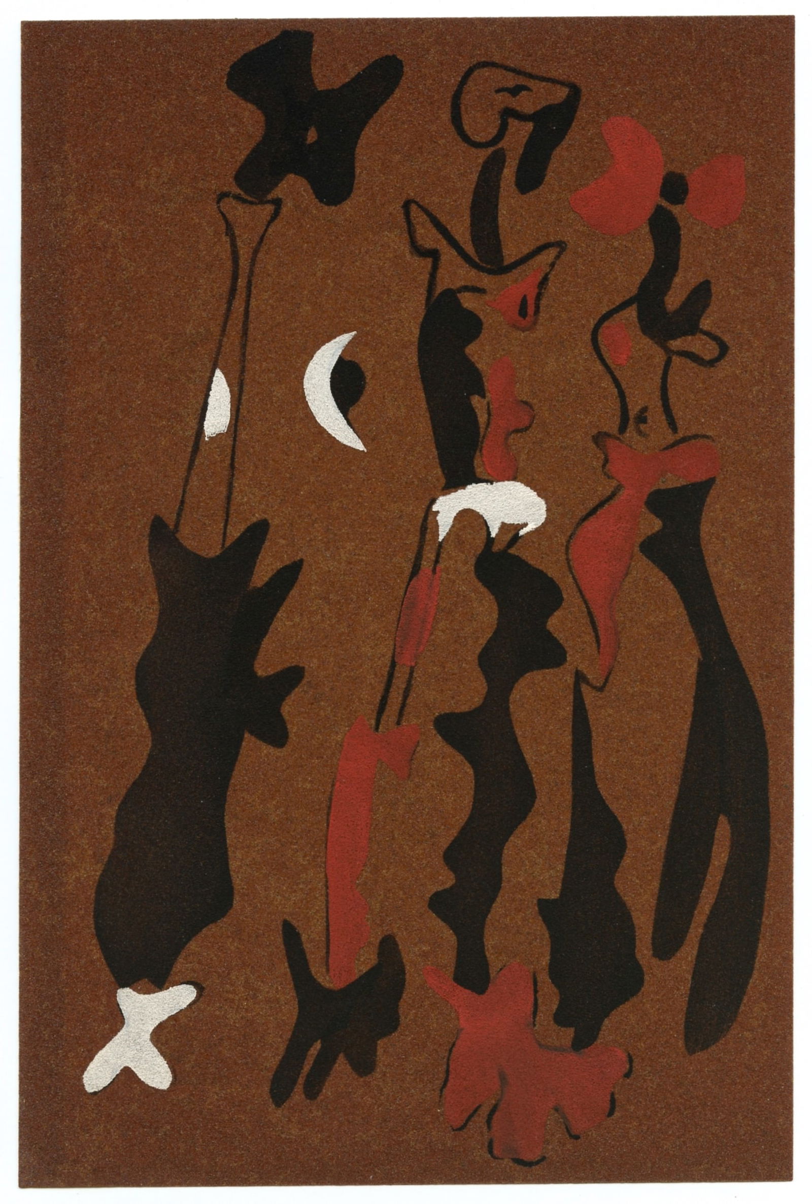 Joan Miro stencil print on sandpaper, 1937: Title: Joan Miro stencil print on sandpaper, 1937 Description: Medium: stencil print on sandpaper (after the painting). At the height of his period of creative experimentation during the 1930's, Miro