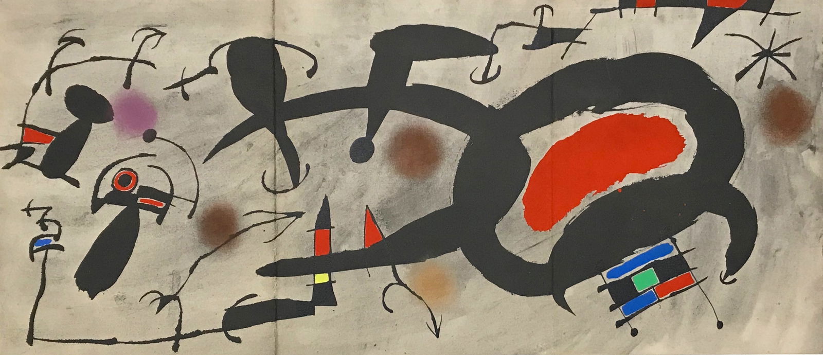 Joan Miro pochoir "Study for an engraving" 1967: Title: Joan Miro pochoir "Study for an engraving" 1967 Description: Medium: pochoir (after the oil on paper). Issued in 1967 in an edition of 1200 for the rare exhibition catalogue "Oiseau solaire,