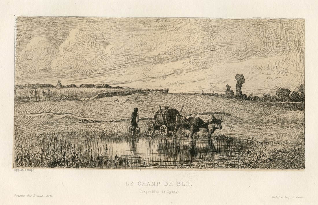 Adolphe Appian "Le champ de ble" original etching: Title: Adolphe Appian "Le champ de ble" original etching Description: Medium: original etching. Catalogue reference: Sanchez and Seydoux 1863-5. Printed on chine-colle paper in Paris by Delatre and