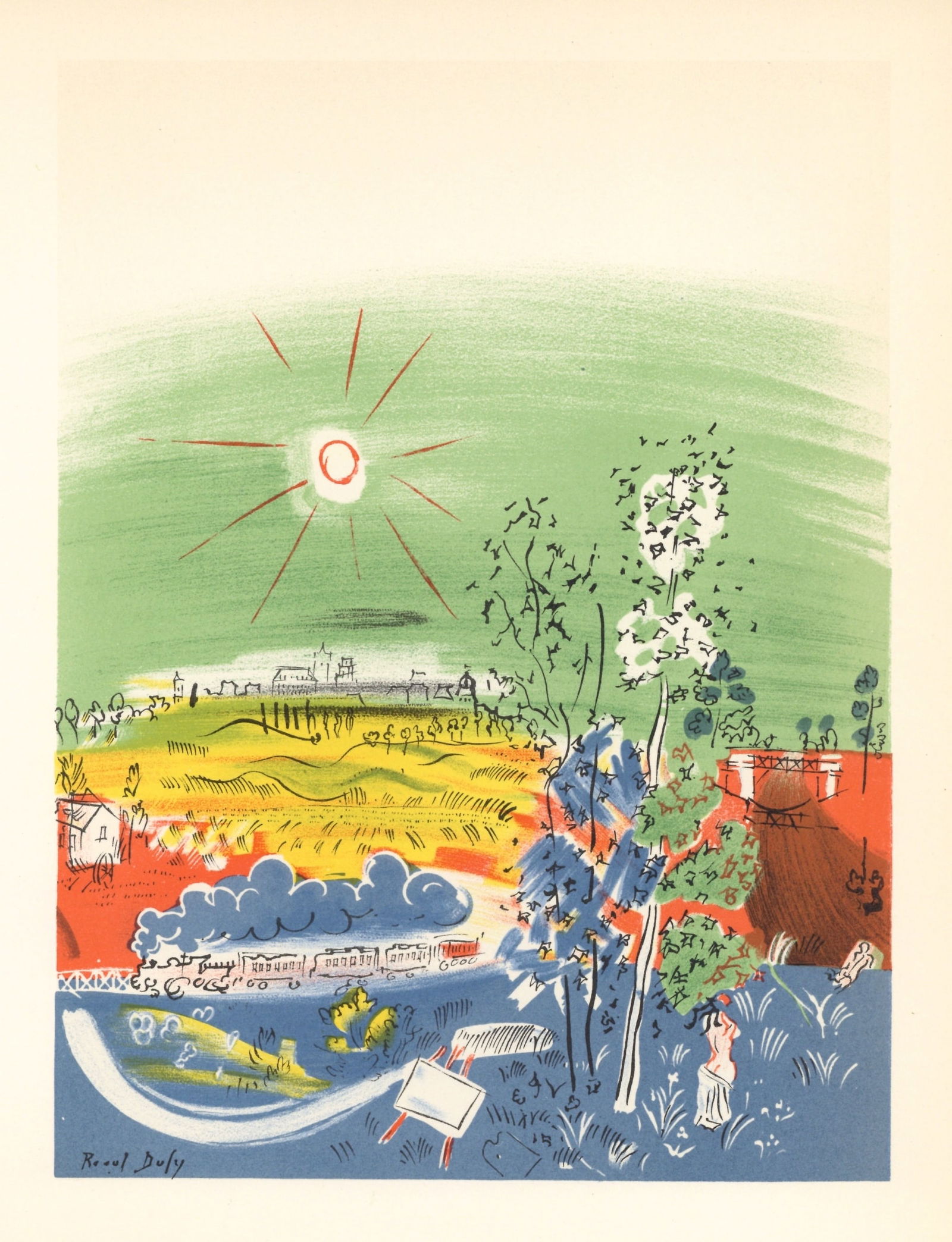 Raoul Dufy lithograph poster "Exposition d'Art Francais": Title: Raoul Dufy lithograph poster "Exposition d'Art Francais" Description: Medium: lithograph (after the original lithograph poster). This poster was executed in 1939 by Raoul Dufy at the atelier