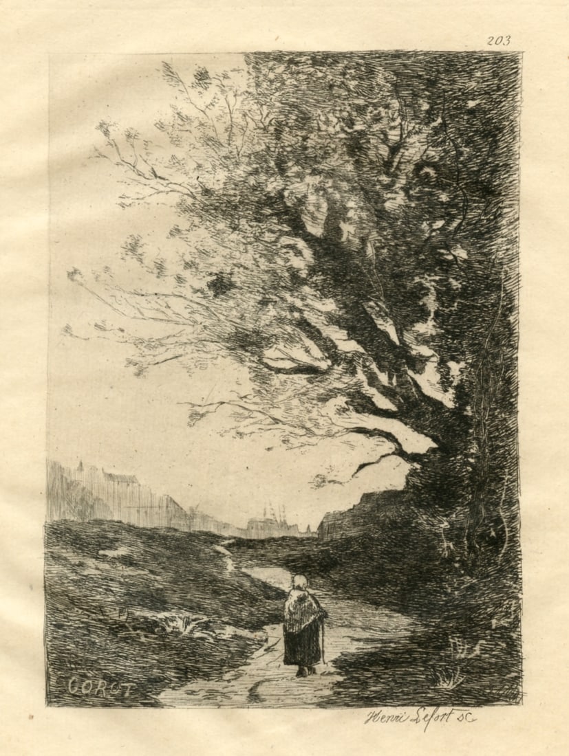 Jean-Baptiste Corot etching | Paysage italien: Title: Jean-Baptiste Corot etching | Paysage italien Description: Medium: etching (after the painting). Etched by French artist Henri Lefort after the Corot painting. Published in Paris in 1873 by
