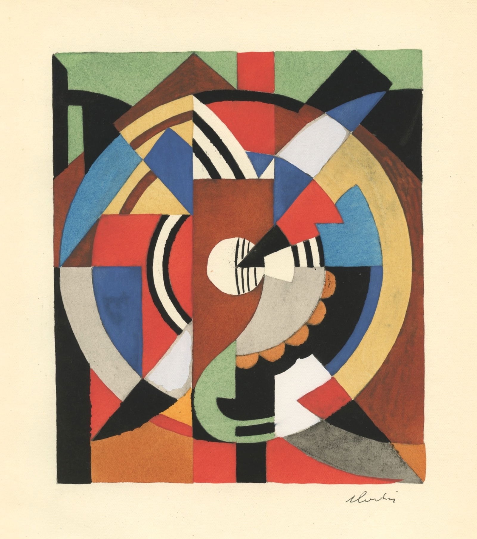 Auguste Herbin 1929 pochoir: Title: Auguste Herbin 1929 pochoir Description: Medium: pochoir (after the watercolor). Printed in Paris in 1929 at the atelier of Daniel Jacomet for L'Art Cubiste. Image size: 6 7/8 x 5 7/8 inches