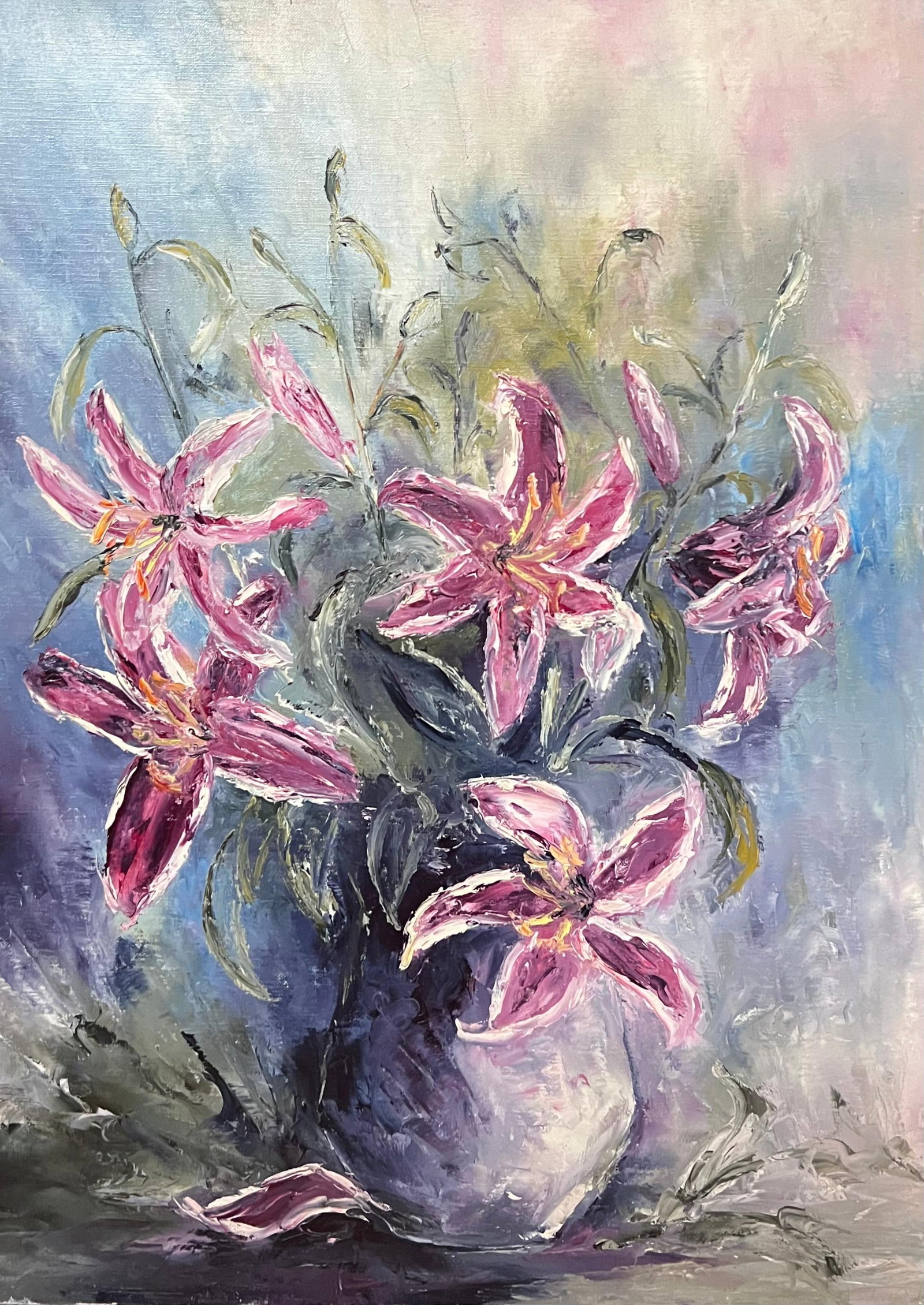 Annie Faure; Pink Stargazer Lilies In Vase 20th Century French Oil Painting Still Life