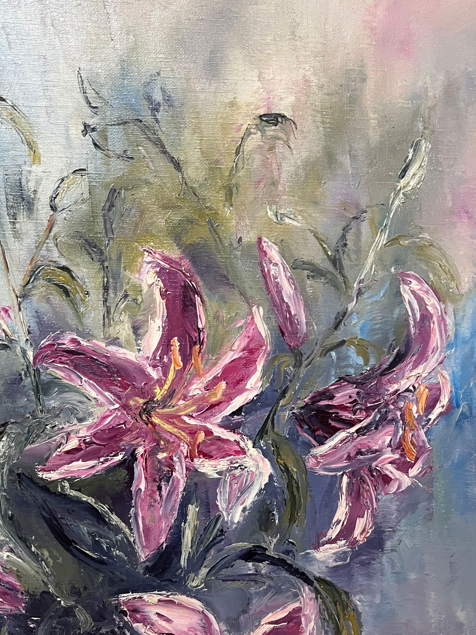 Annie Faure; Pink Stargazer Lilies In Vase 20th Century French Oil Painting Still Life - 6