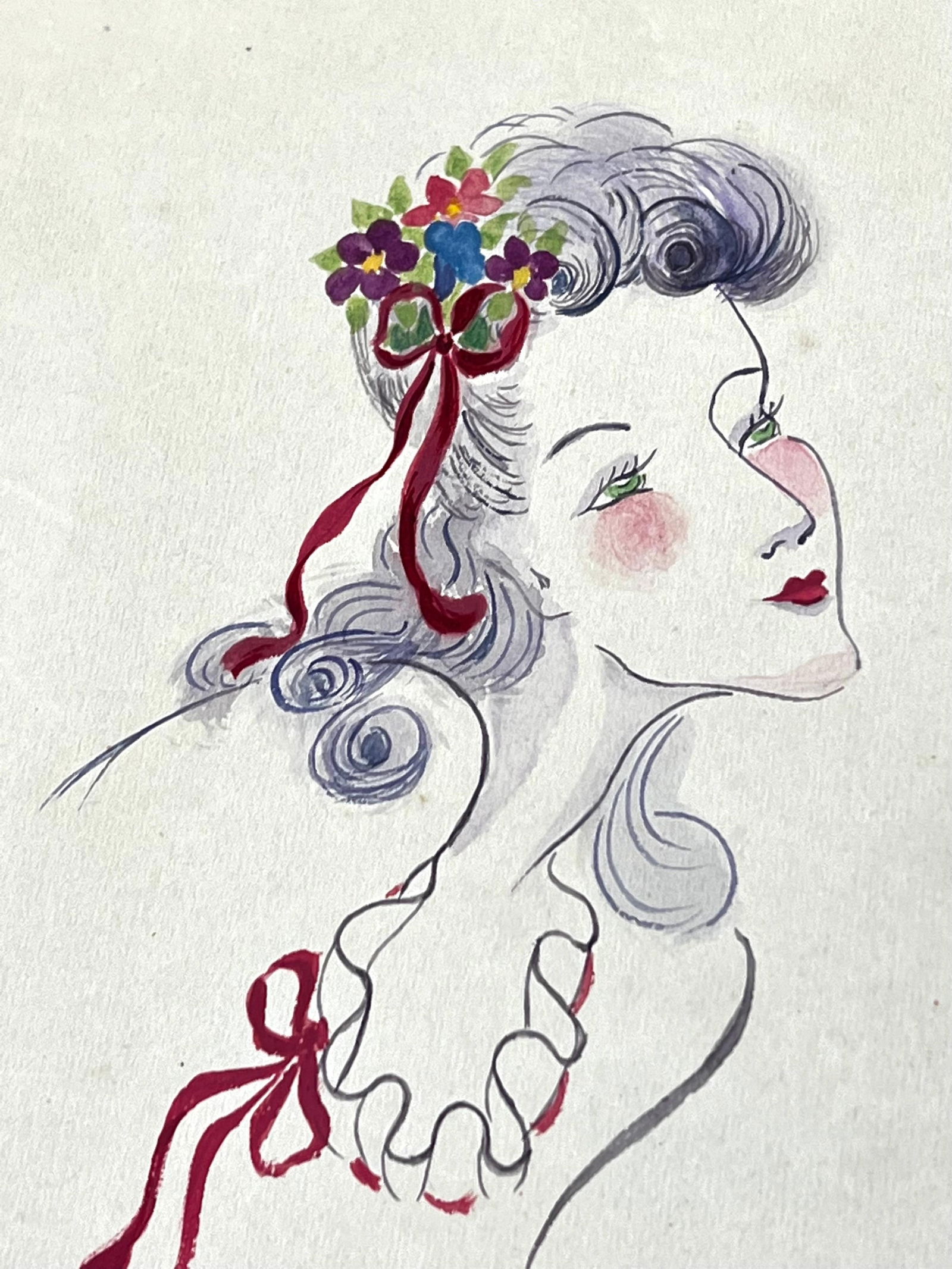 1940's Fashion Illustration, Lady with Green Eyes in Admiration, circa 1940s - 3