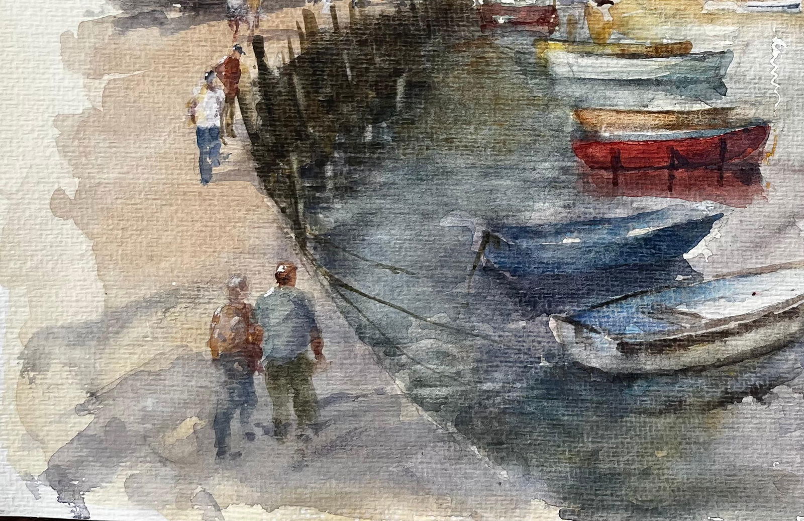 Anthony Herbert; Harbour Scene with Boats Figures and Whitewashed Cottages British Coast - 7