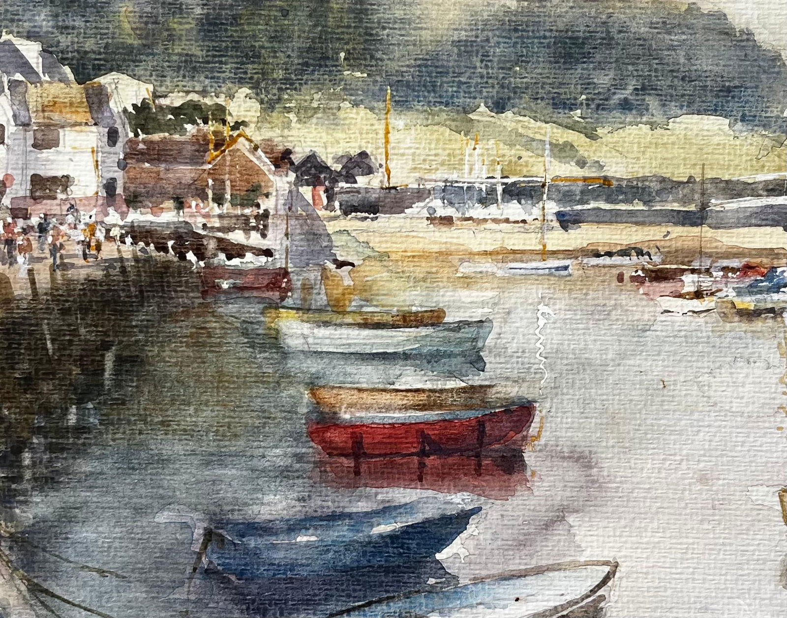 Anthony Herbert; Harbour Scene with Boats Figures and Whitewashed Cottages British Coast - 9