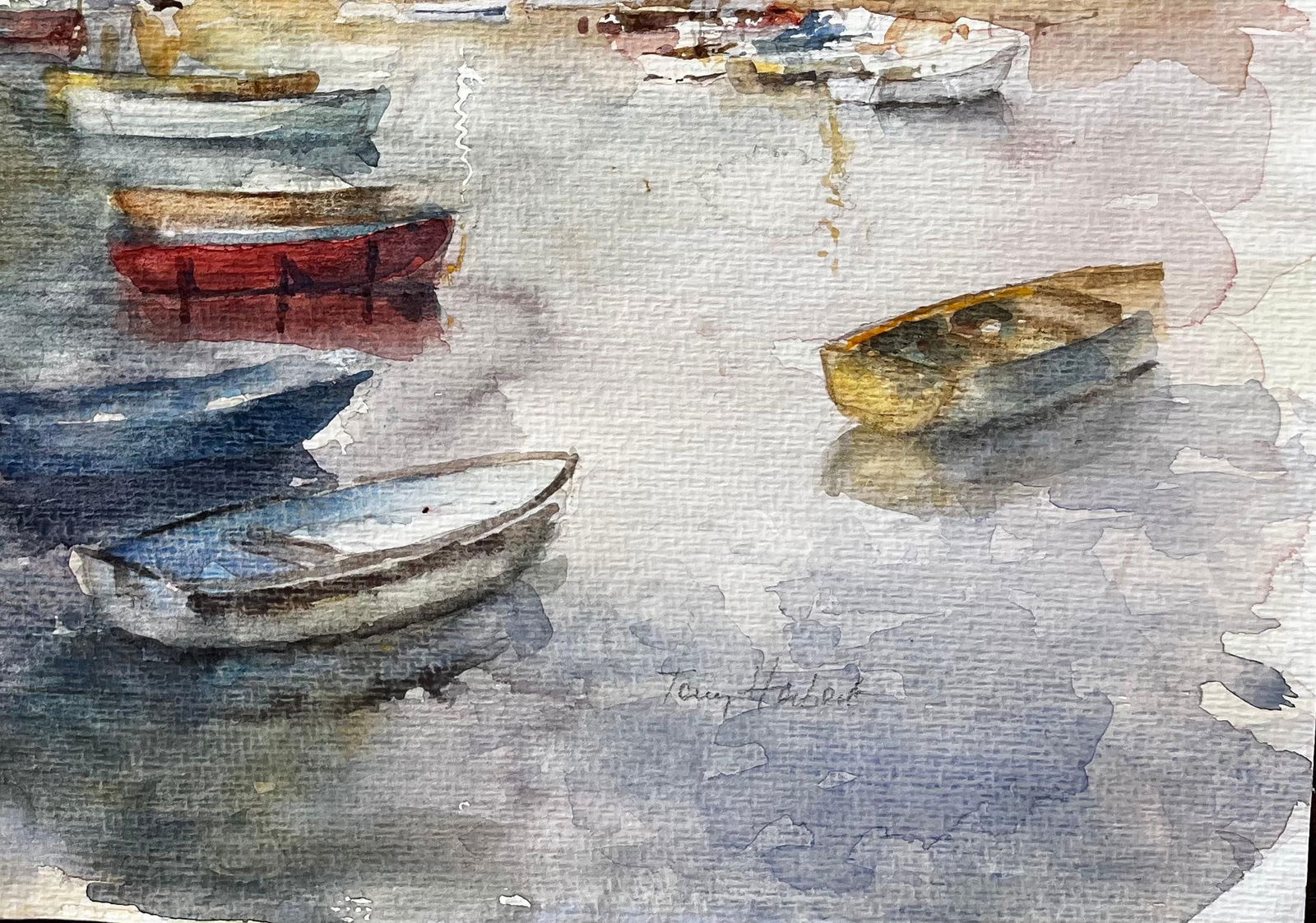 Anthony Herbert; Harbour Scene with Boats Figures and Whitewashed Cottages British Coast - 11