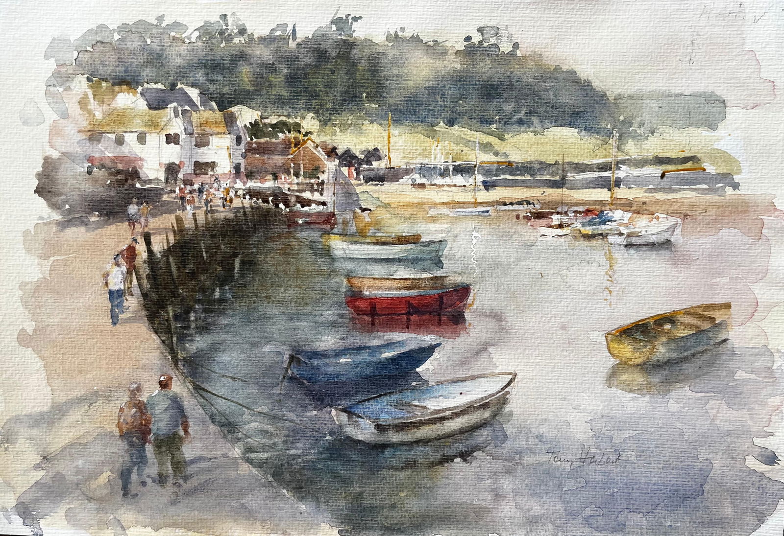 Anthony Herbert; Harbour Scene with Boats Figures and Whitewashed Cottages British Coast: Title: Anthony Herbert; Harbour Scene with Boats Figures and Whitewashed Cottages British Coast Description: Harbour Scene with Boats Figures and Whitewashed Cottages British Coast By Tony Herbert