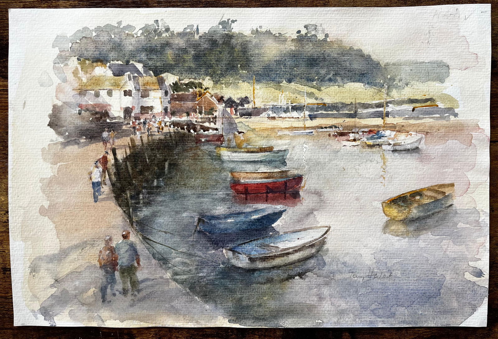 Anthony Herbert; Harbour Scene with Boats Figures and Whitewashed Cottages British Coast - 5