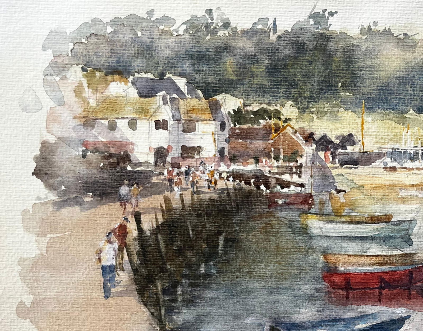 Anthony Herbert; Harbour Scene with Boats Figures and Whitewashed Cottages British Coast - 6