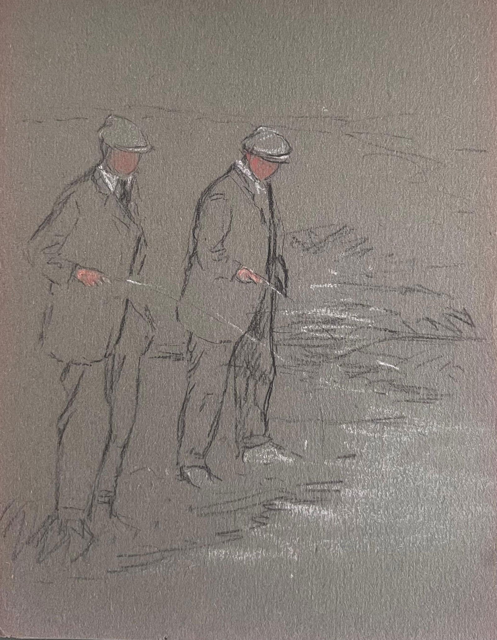 John Rabone Harvey; British Chalk Pencil Sketch of Two Dapper Gentleman Fishing On The Riverbank, - 2