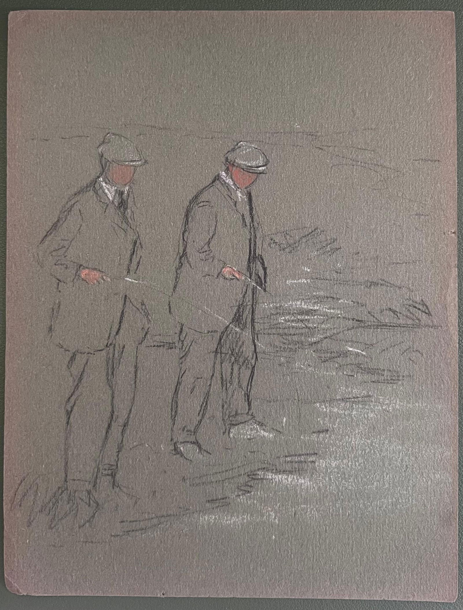 John Rabone Harvey; British Chalk Pencil Sketch of Two Dapper Gentleman Fishing On The Riverbank, - 3